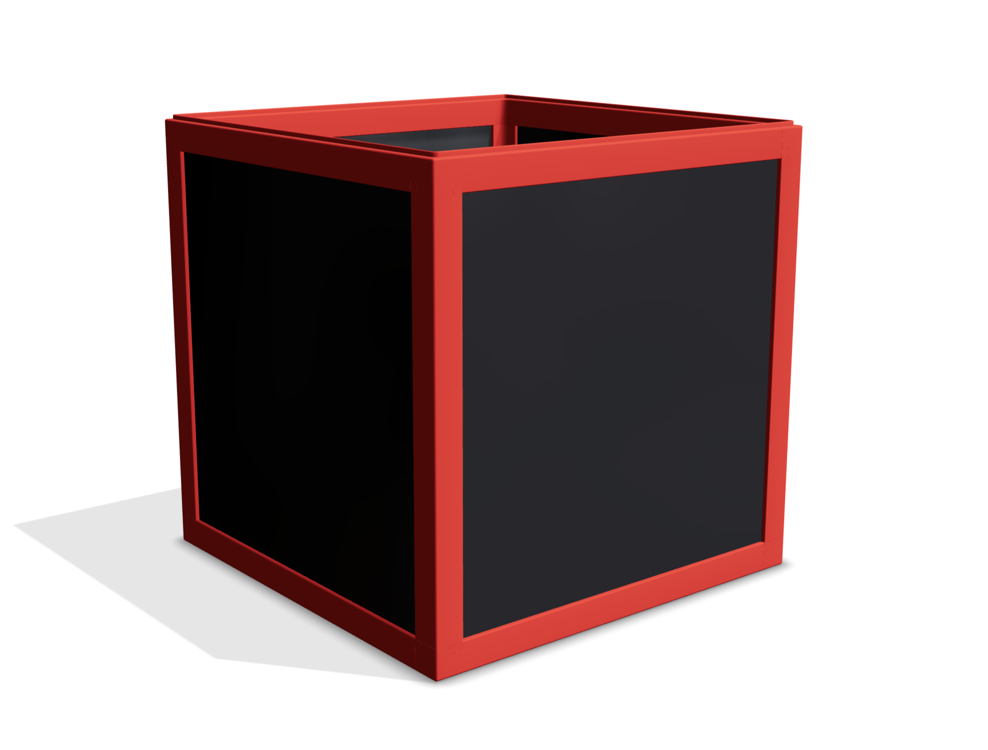 Würfelförmige boxula ohne Deckel mit Rahmenfarbe Maximum Red und Seitenwänden in Rich Black glossy