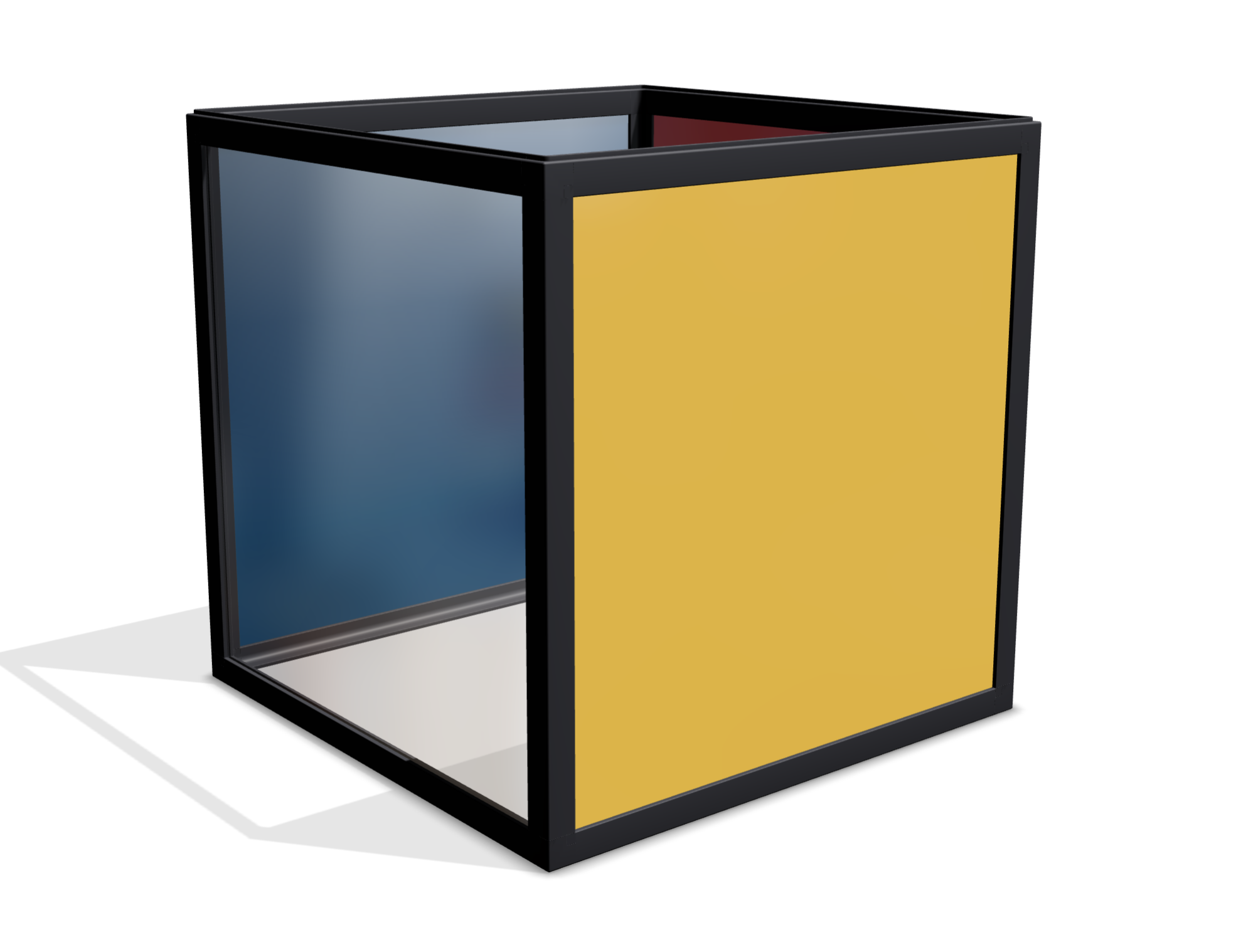 Würfelförmige boxula ohne Deckel mit Rahmenfarbe Rich Black und Seitenwänden im Pop-Art-Sti. Je eine Seite ist blau, rot, gelb, transparent. Der Boden ist weiß.
